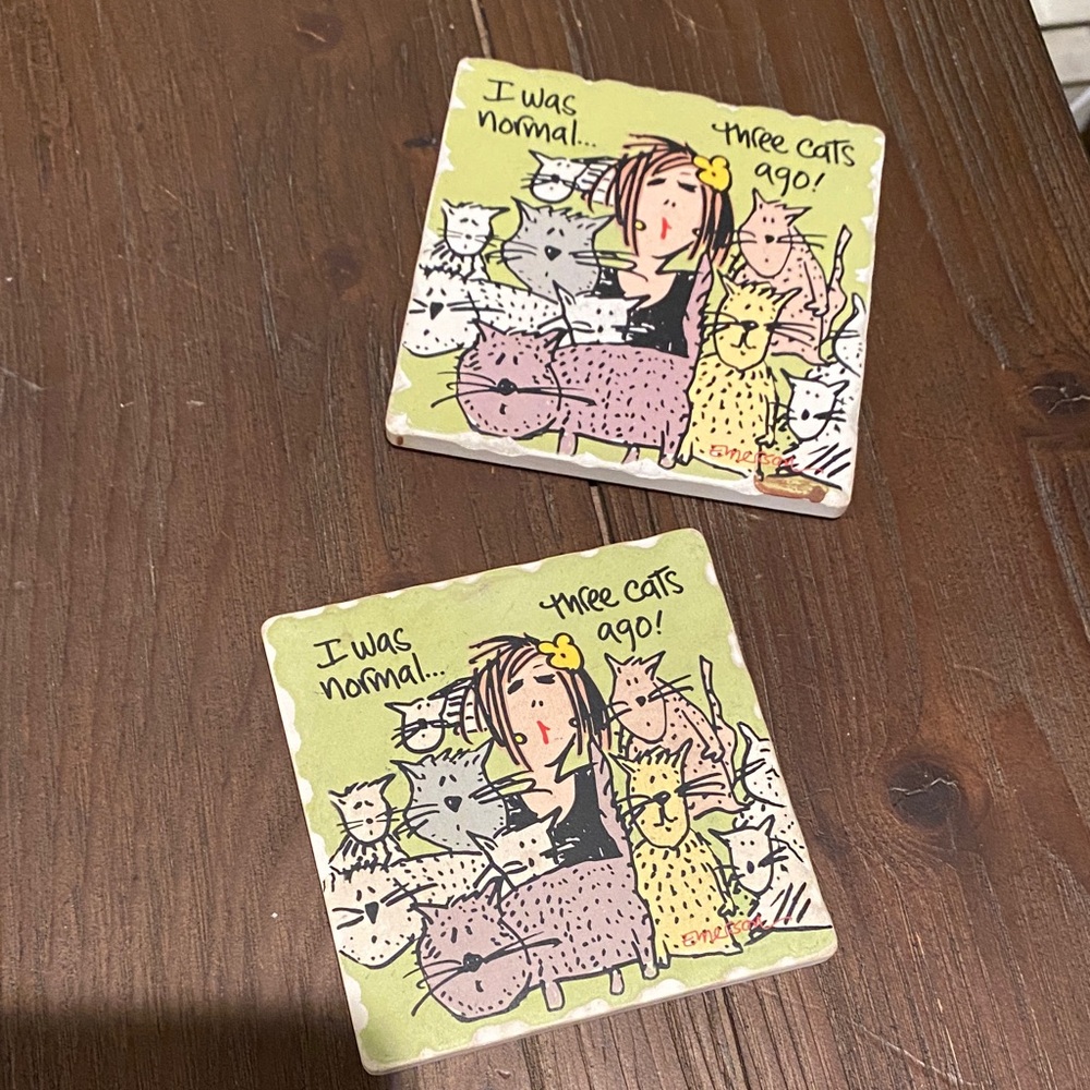 Set of Two Ceramic Graphic Cat Coasters with Cork Bottom